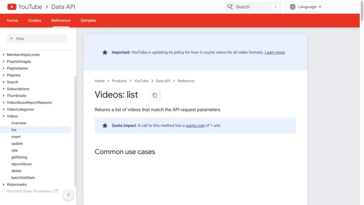YouTube videos.list official documentation