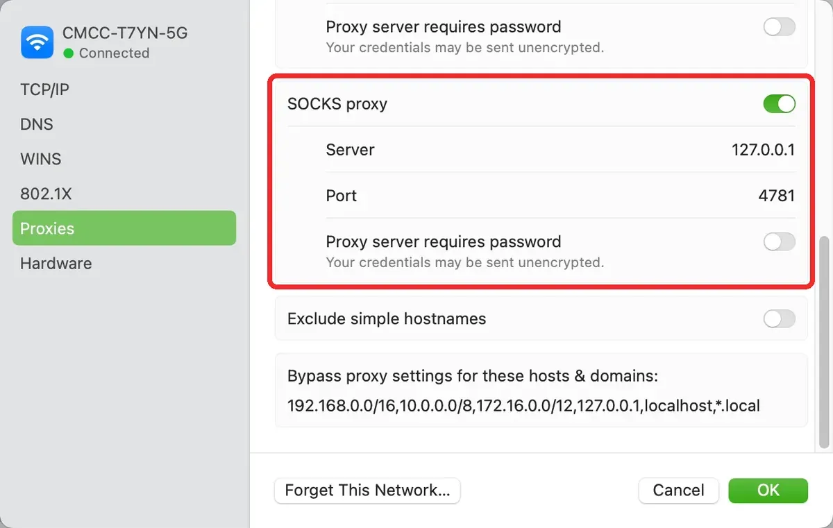 macOS proxy protocol selection