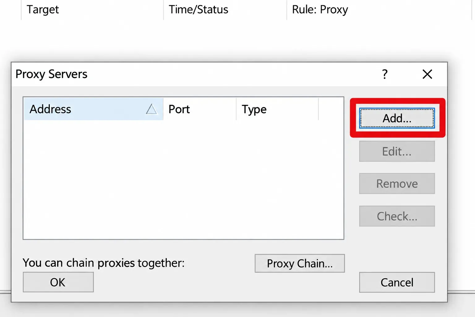 Figure 7. Click the highlighted Add button to open the proxy-parameter form