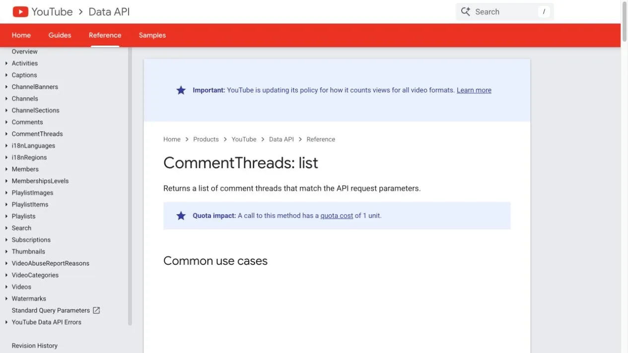 YouTube commentThreads.list official documentation