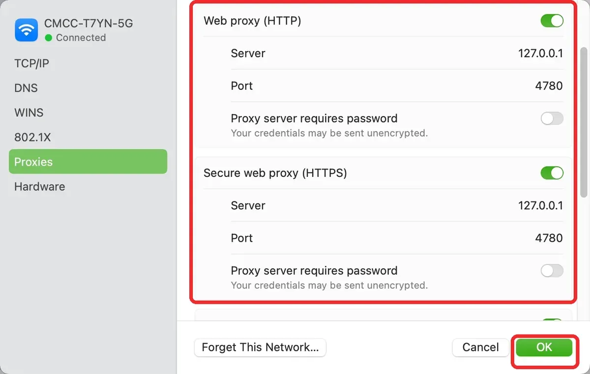 macOS HTTP and HTTPS server fields with password authentication switched off