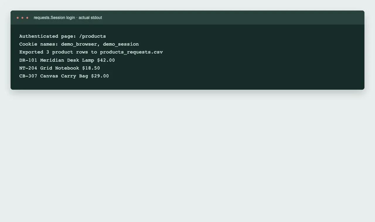 Actual output from requests_login.py