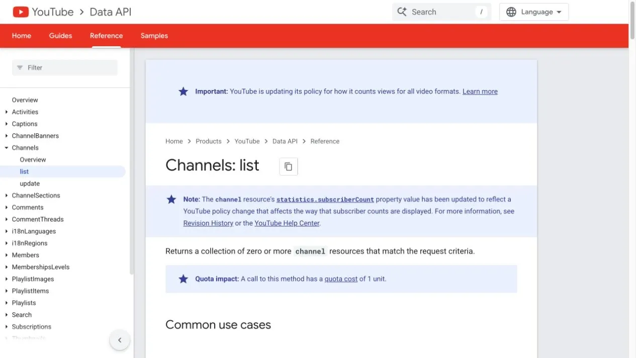YouTube channels.list official documentation
