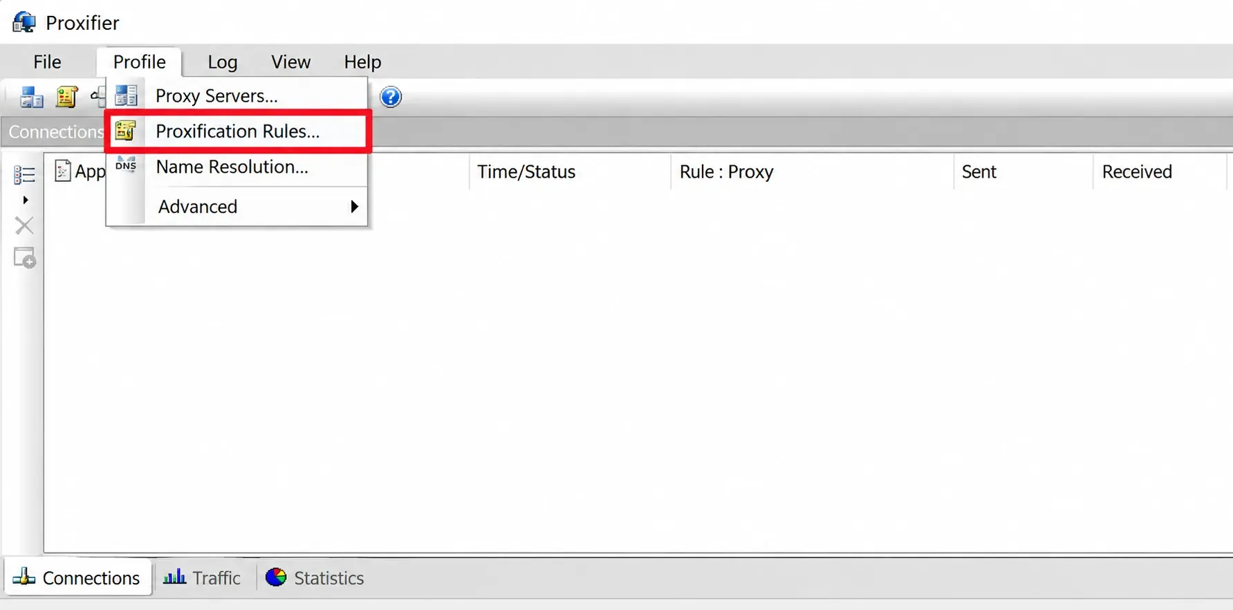 Figure 8. Menu item used to open the proxification rules list