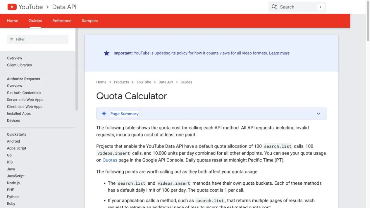 YouTube Data API quota calculator