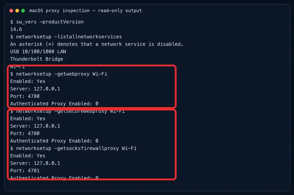 Read-only macOS proxy inspection output in Terminal