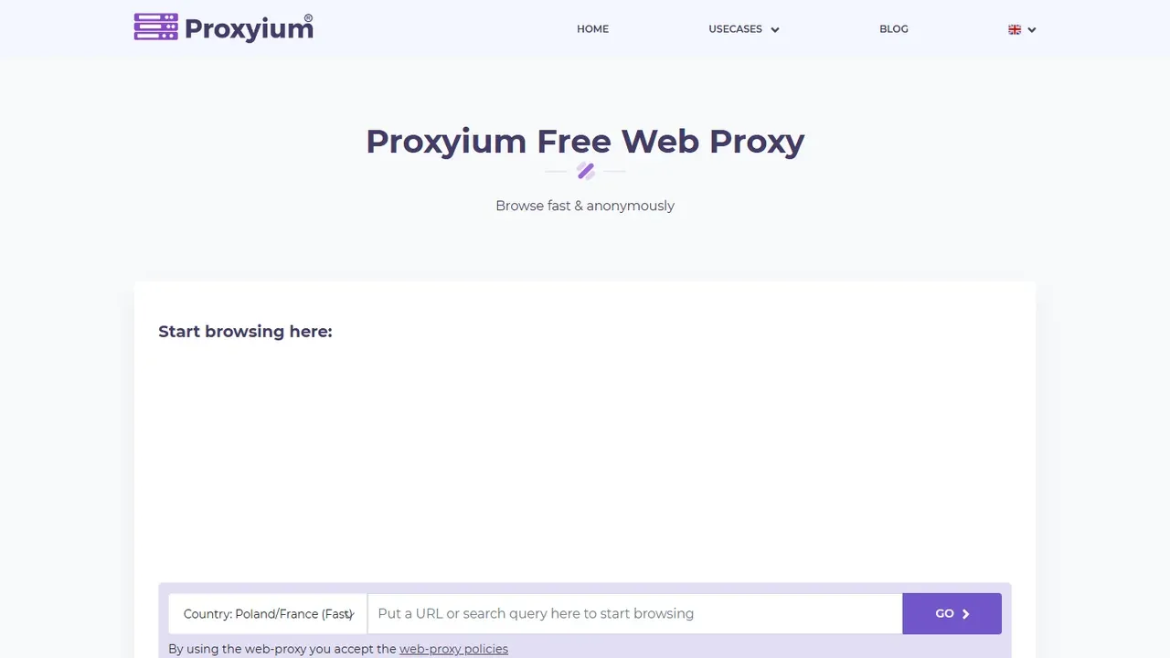 Proxyium free web proxy page with URL field and region selector