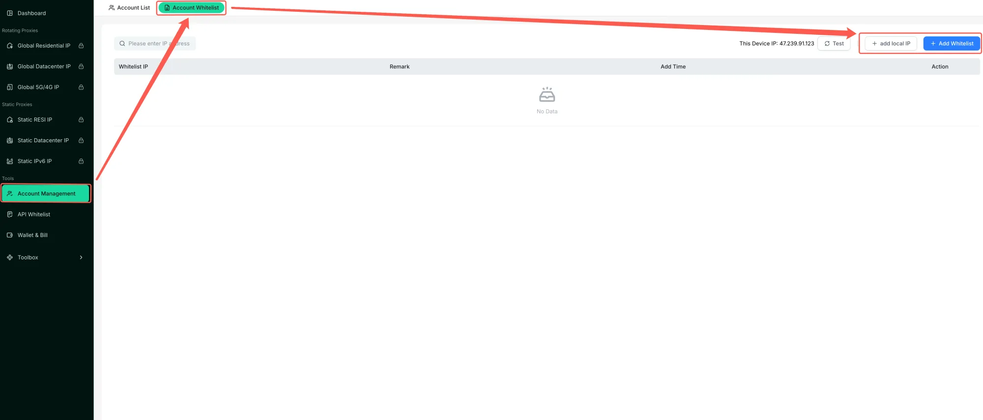 Rola IP account whitelist settings screenshot