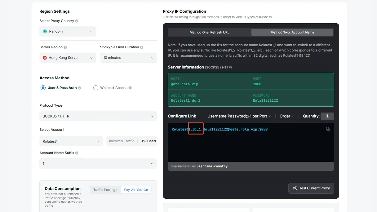 ROLA IP datacenter proxy dashboard with country, protocol, server information, and connection string settings