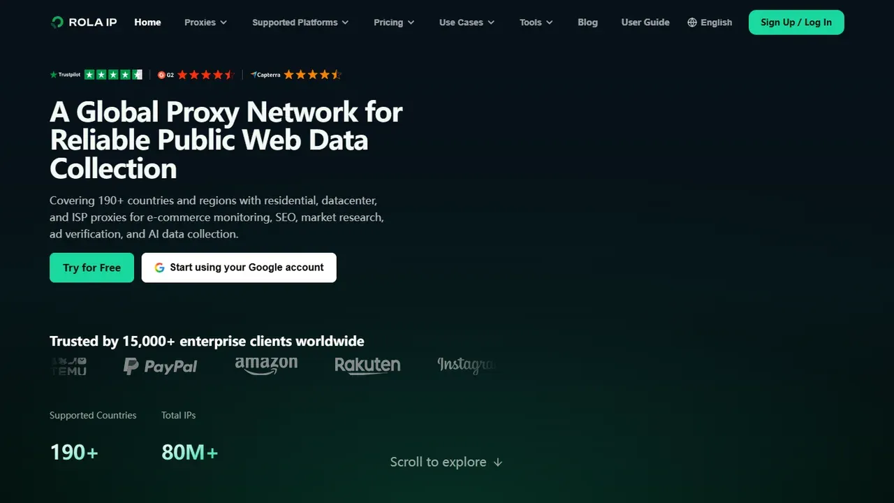 Rola IP homepage showing its professional proxy network