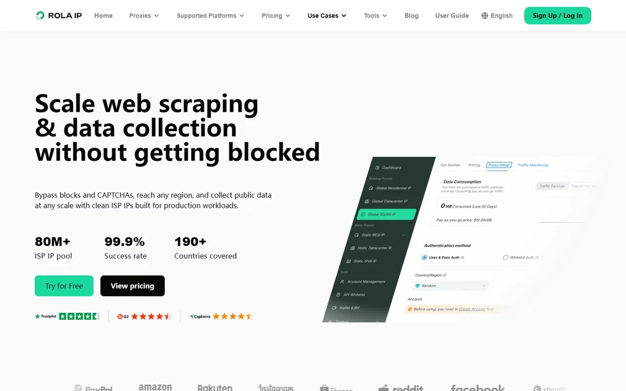 Rola IP web scraping and data collection page shown in a desktop browser