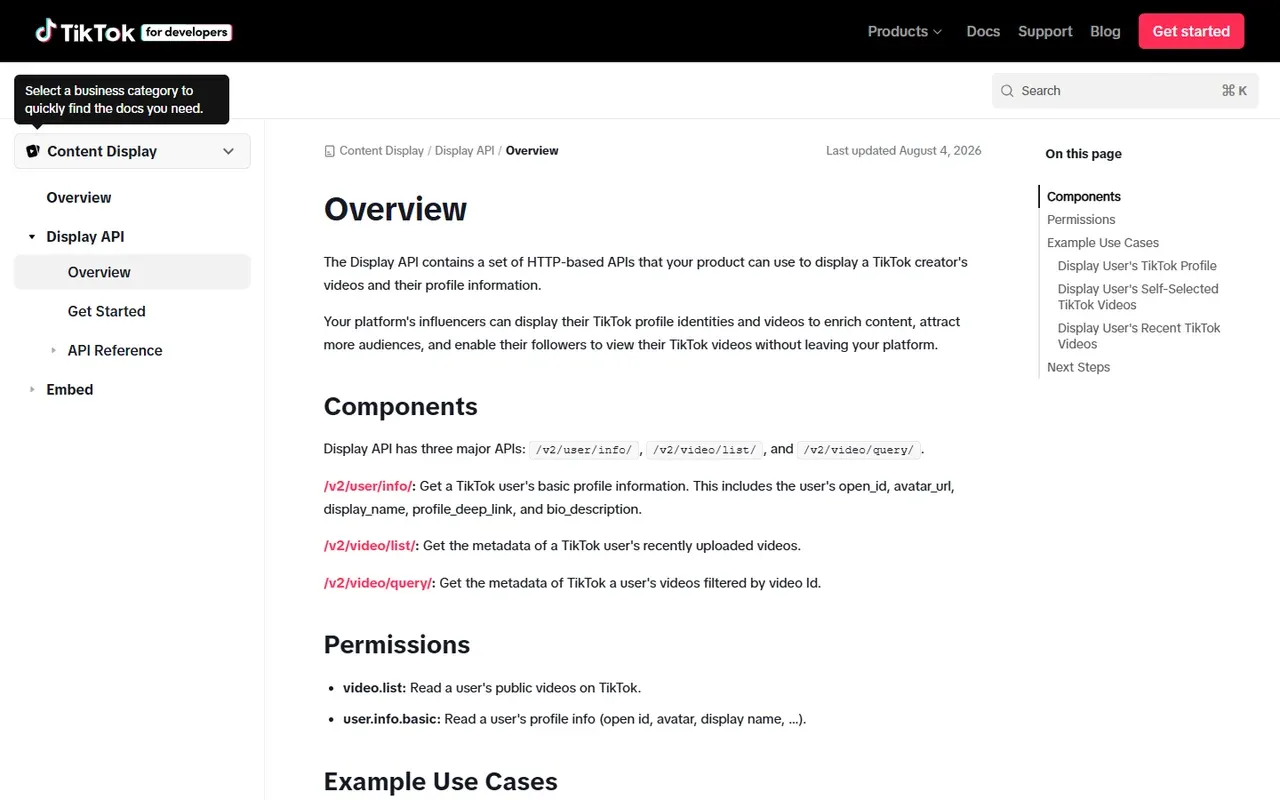 TikTok Display API overview showing video list and video query endpoints plus required permissions