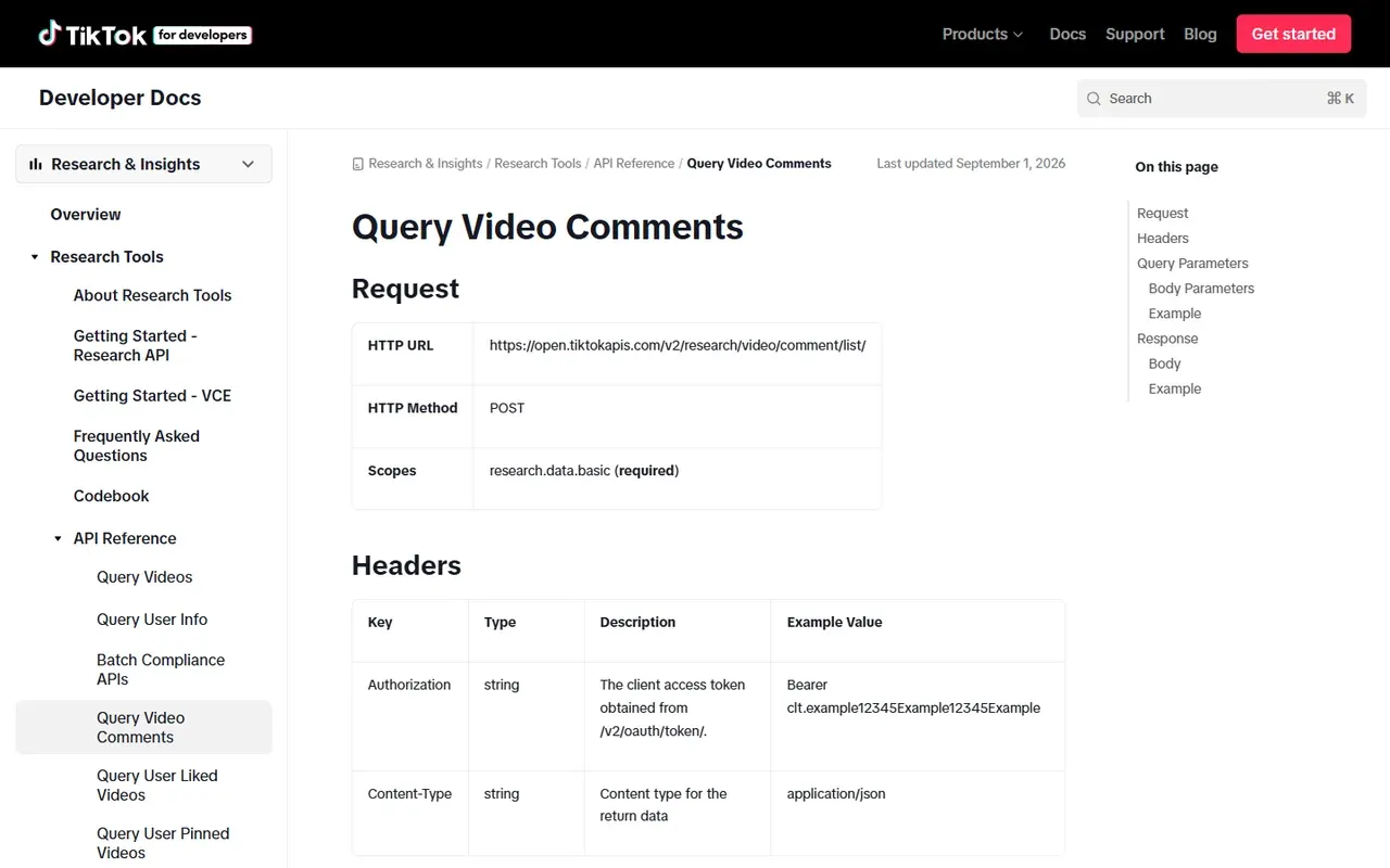 TikTok Query Video Comments documentation showing the POST endpoint and research.data.basic scope