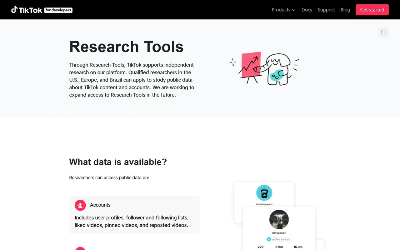 TikTok Research Tools page showing that qualified researchers can apply for access to public account and content data