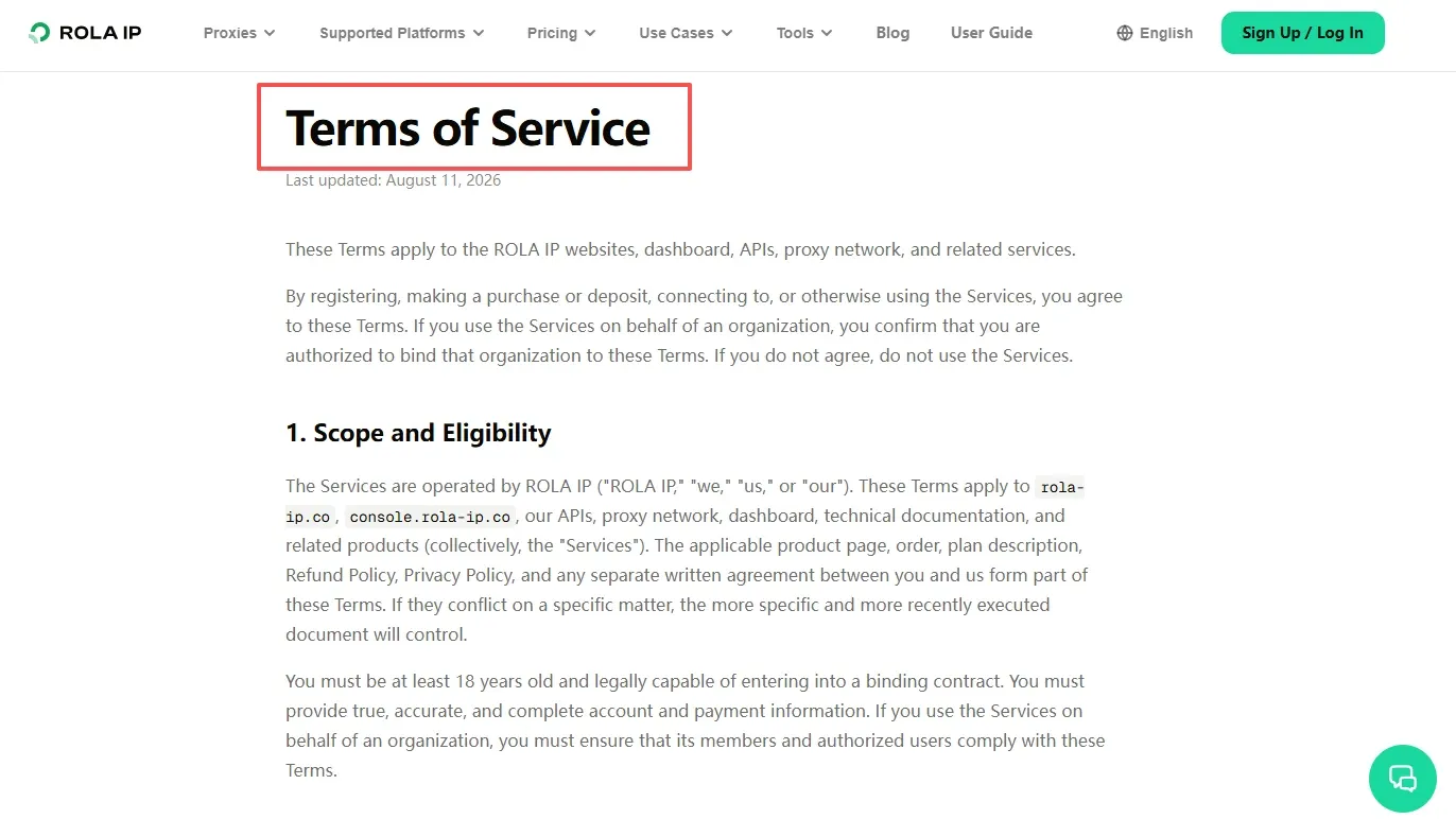 Rola policy pages outlining permitted use