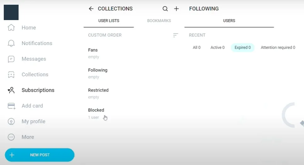 OnlyFans Collections user lists showing the Blocked list