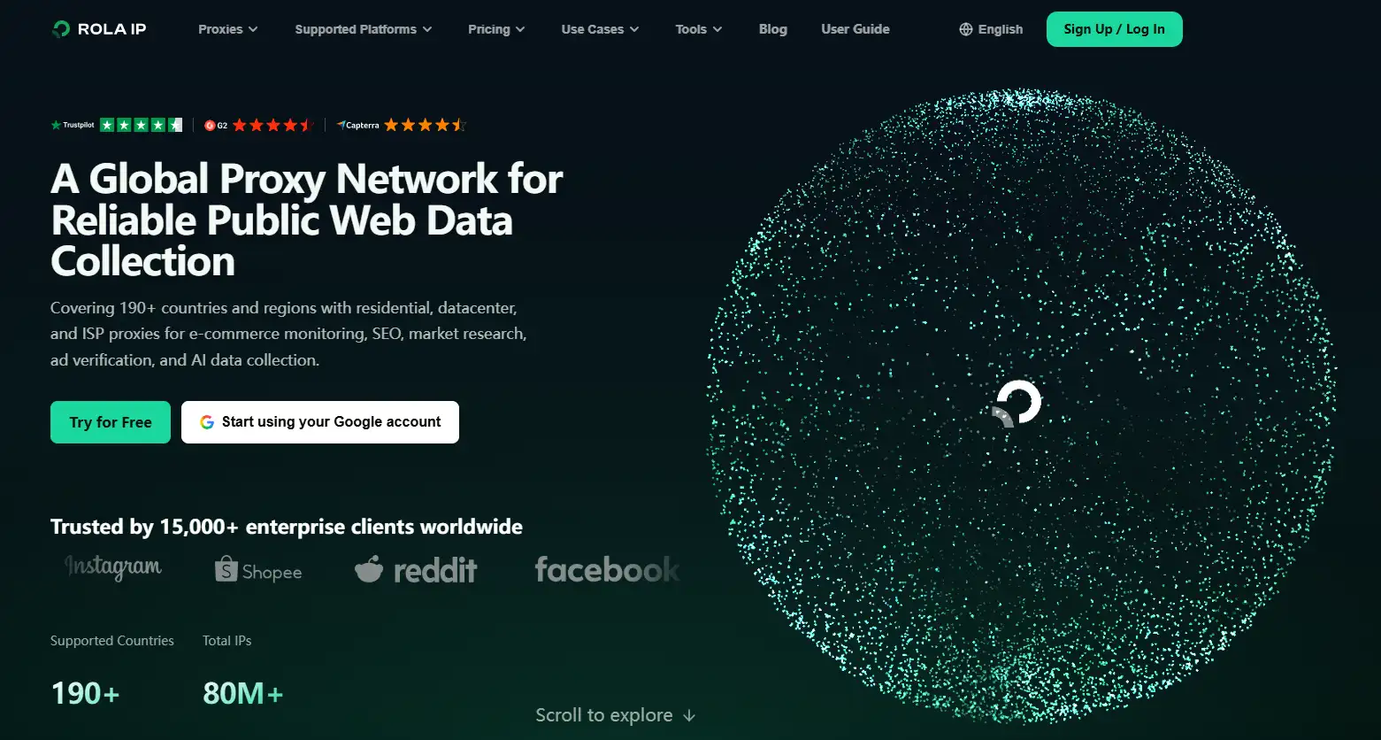 Rola IP website presenting its proxy services and global coverage