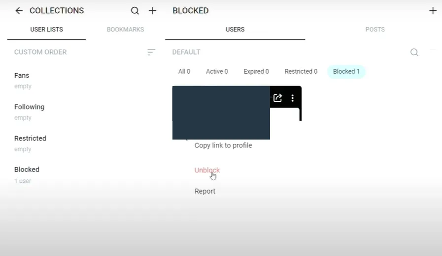 OnlyFans blocked-user action menu showing the Unblock option