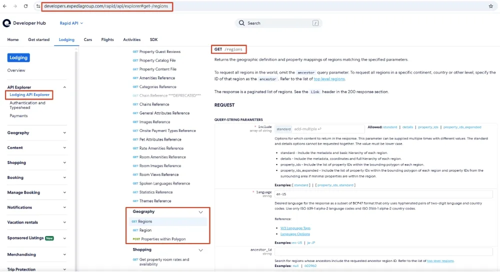 Expedia Rapid API Explorer with Geography Regions selected and include and language request parameters