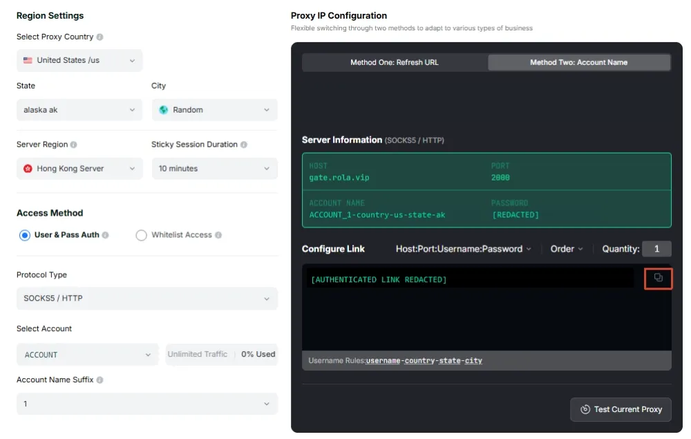 Rola IP dashboard showing United States and Alaska targeting, a 10-minute sticky session setting, and username-password authentication