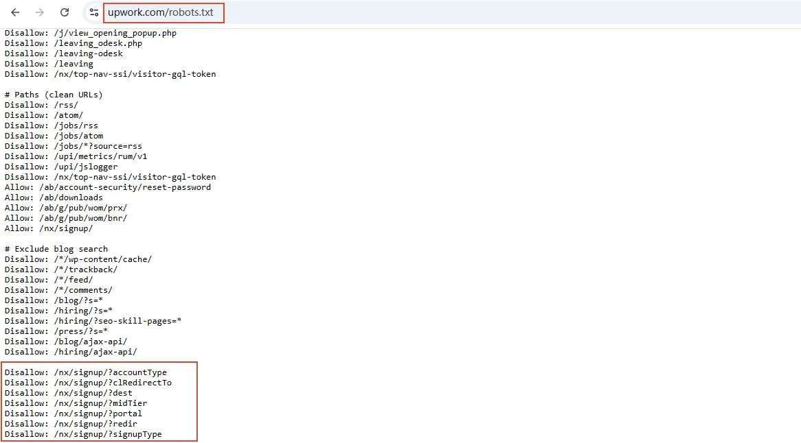 Excerpt of Upwork robots.txt showing disallowed directories and job-search paths