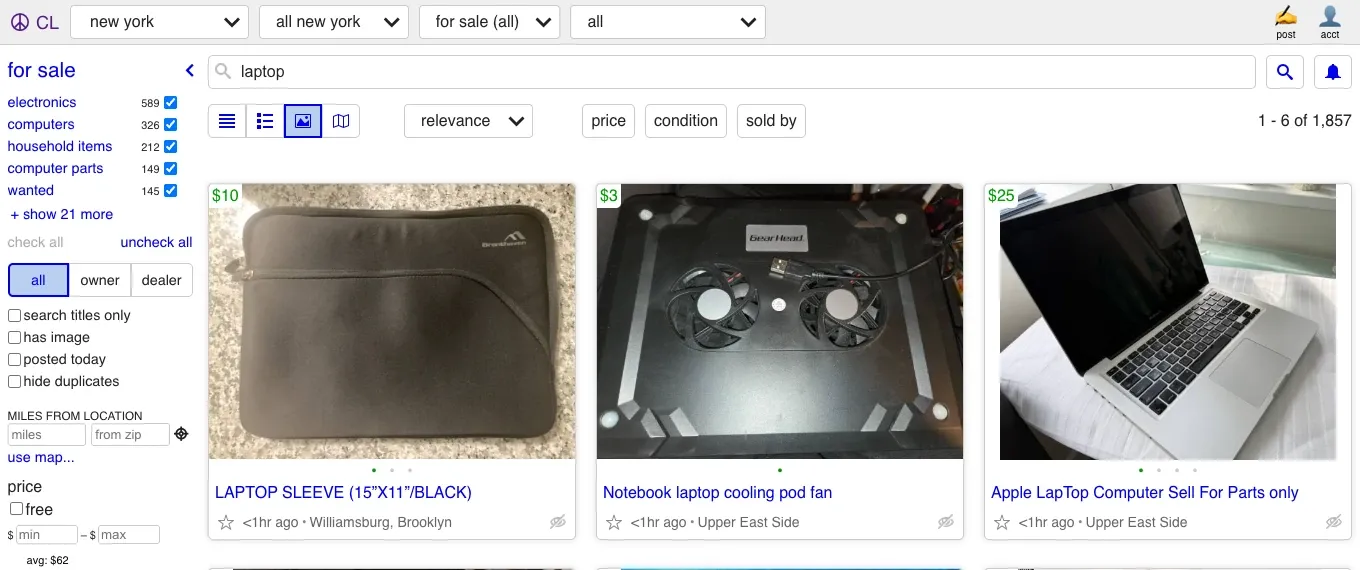 New York Craigslist search page for the keyword laptop