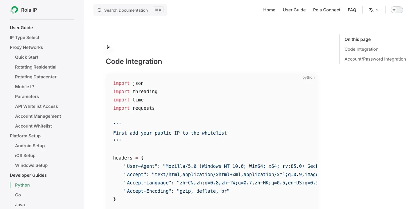 Rola IP Python proxy integration documentation