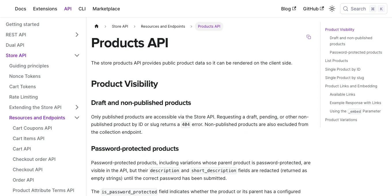 WooCommerce official Store API Products documentation