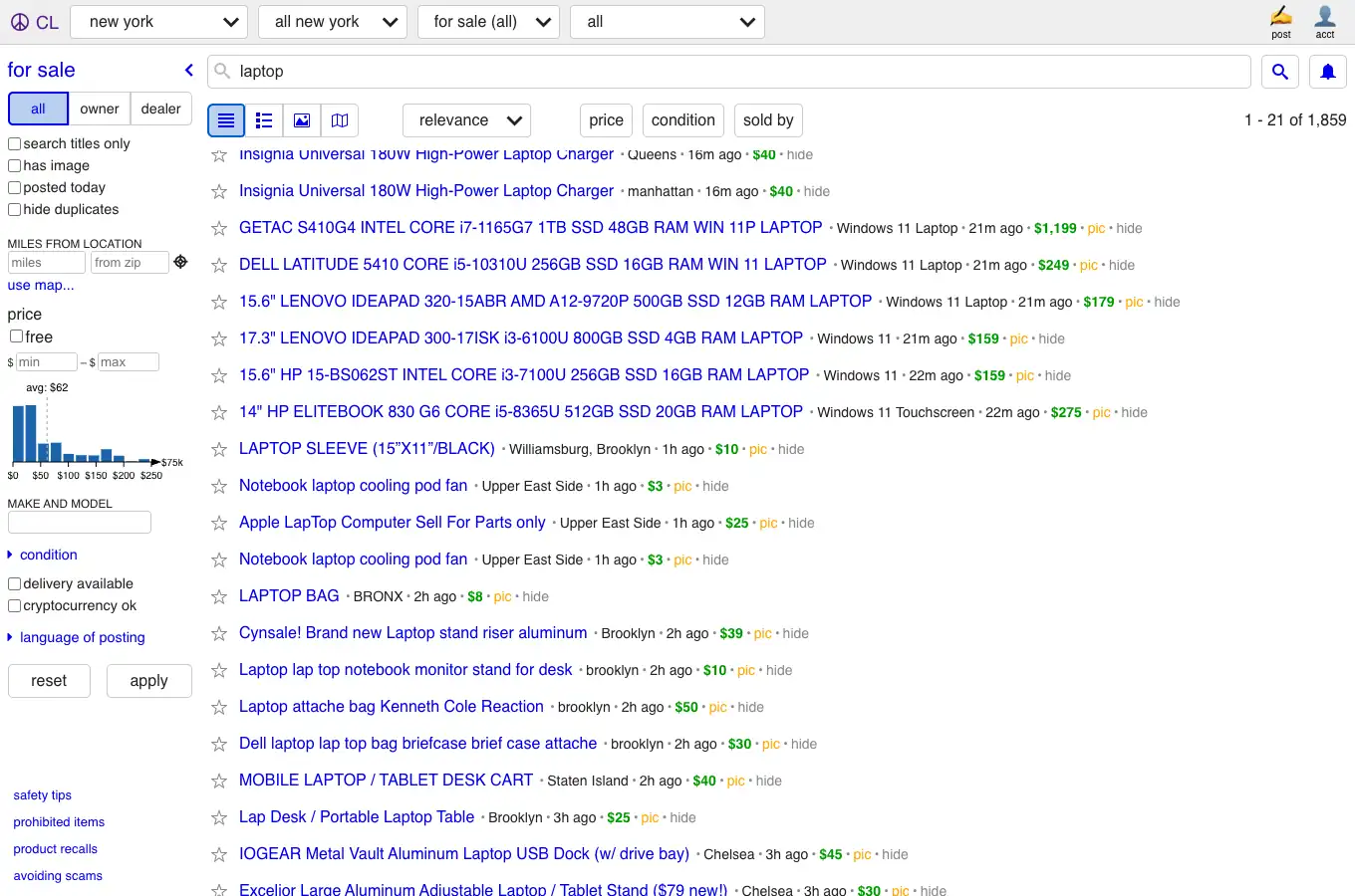 Craigslist list mode after switching, with title, location, and green price on the same row
