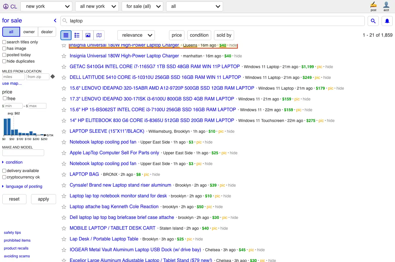First Craigslist listing with its title, location, and price highlighted