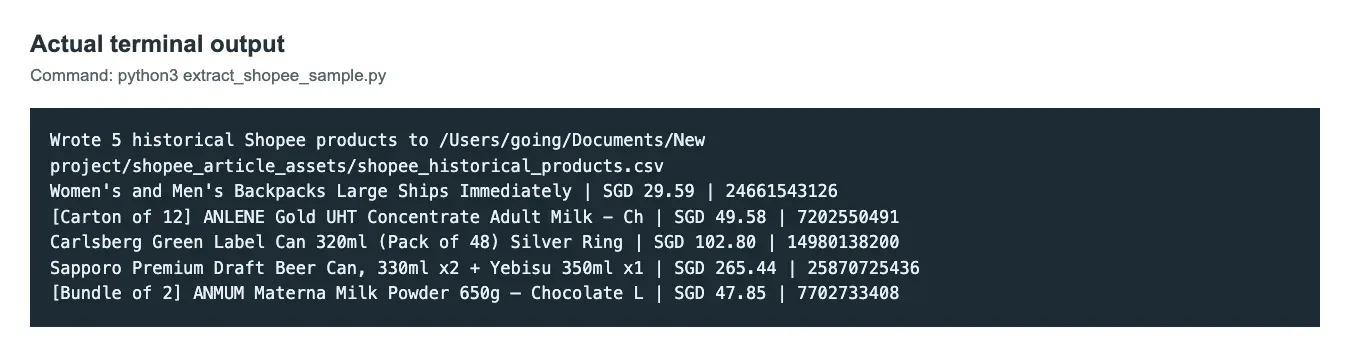Python script output with five historical Shopee products