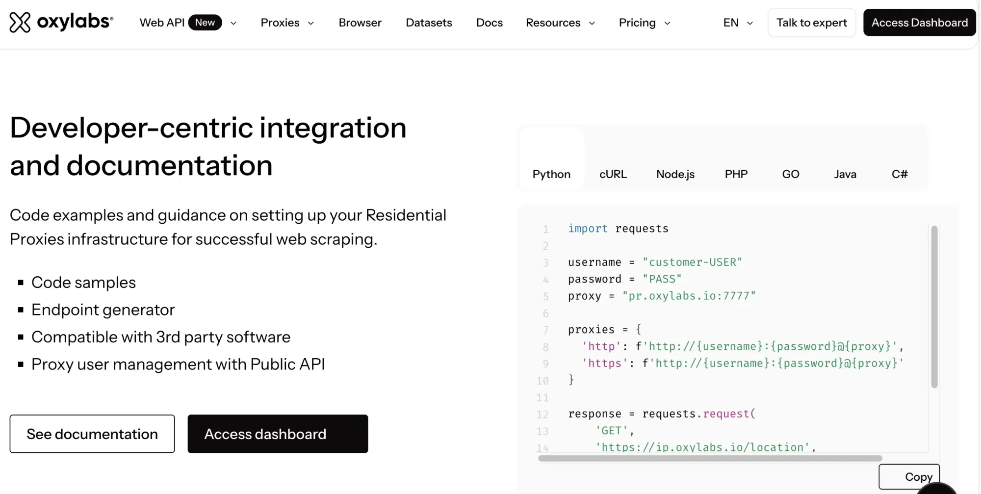 Oxylabs website integration section