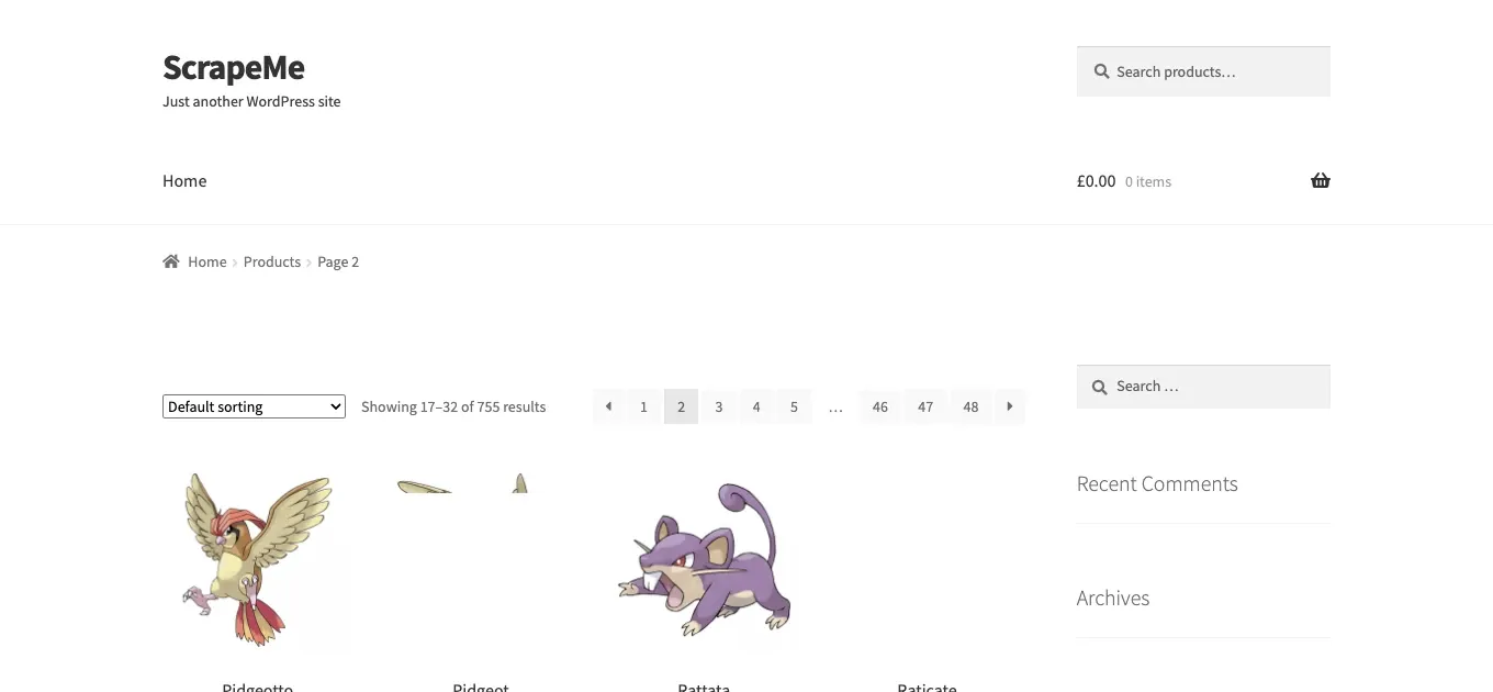 ScrapeMe WooCommerce shop second page
