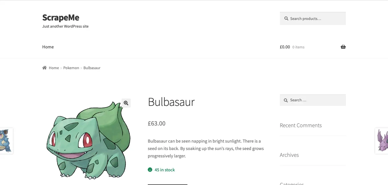 ScrapeMe Bulbasaur product detail page and price