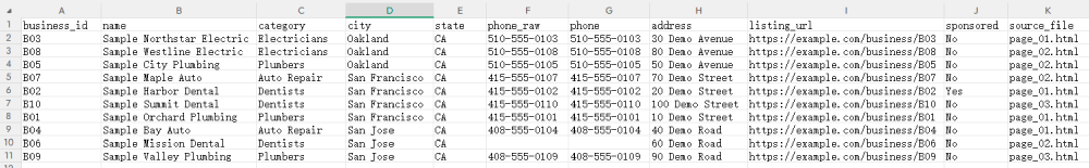 Ten fictional business records exported to CSV, including raw phone text, normalized phones, city, and state
