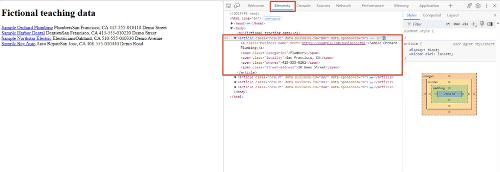 Browser developer tools showing a fictional business card and its name, phone, and location selectors