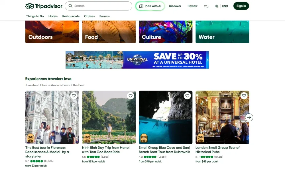 Tripadvisor homepage with search, Hotels navigation, and travel experience listings