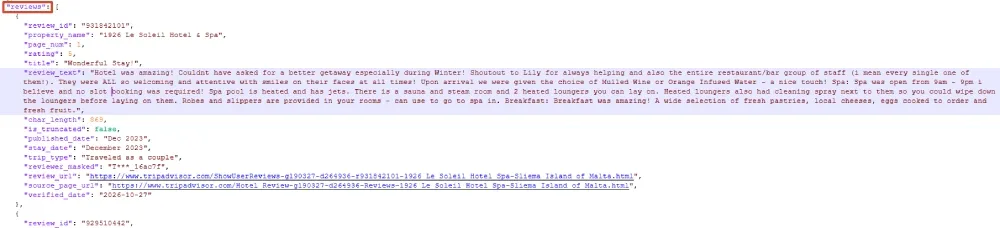 A Tripadvisor hotel review in JSON with review text, rating, publication date, and stay date