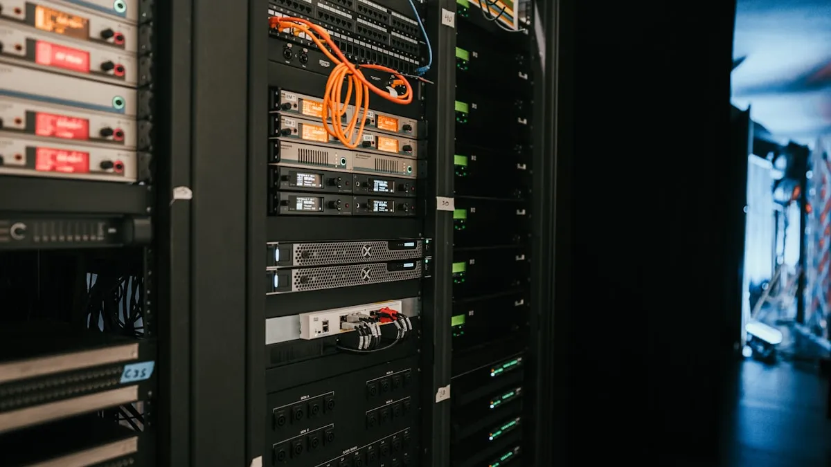 Server rack with orange network cables